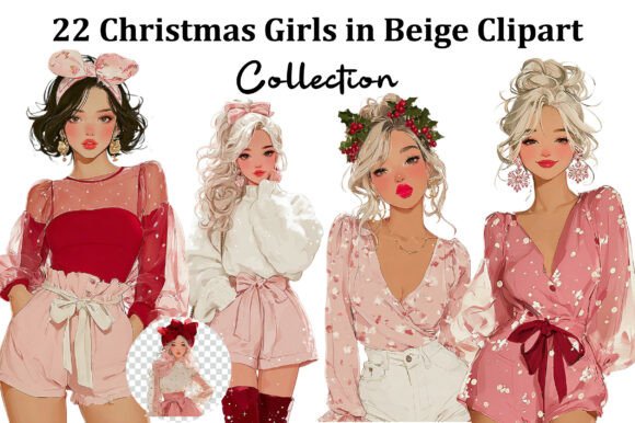 Christmas Girls in Beige Watercolor Clip Illustrations
