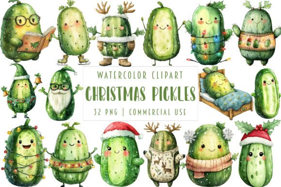 Christmas Kawaii Pickles Clipart: Illustrations