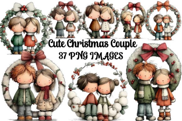 Cute Christmas Couple Clipart: Branding Illustrations