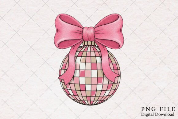 Disco Ball Pink Christmas Coquette Bow Illustrations