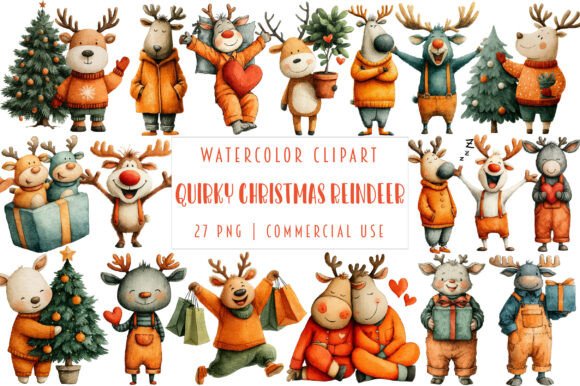 Quirky Christmas Reindeer Clipart & Illustrations