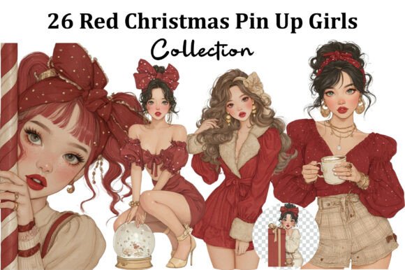 Red Christmas Pin Up Girls Clipart Bundl: Illustrations Review