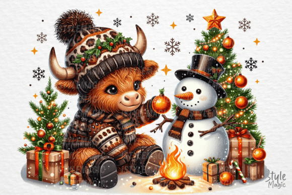Review: Christmas Cute Snowman Highland Cow PNG Illustrations