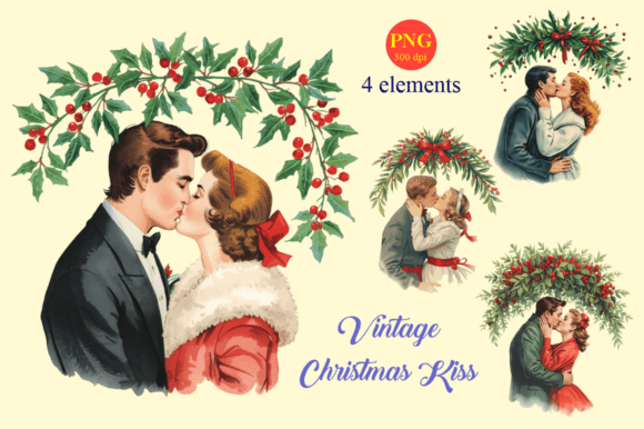 Vintage Christmas Kiss Watercolor PNG Se Illustrations