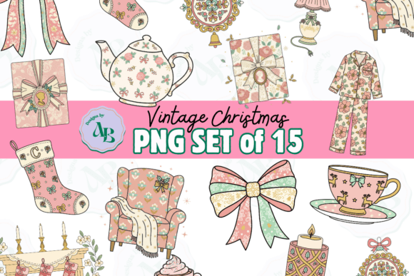 Vintage Grandmillenial Christmas PNG Set & Illustrations