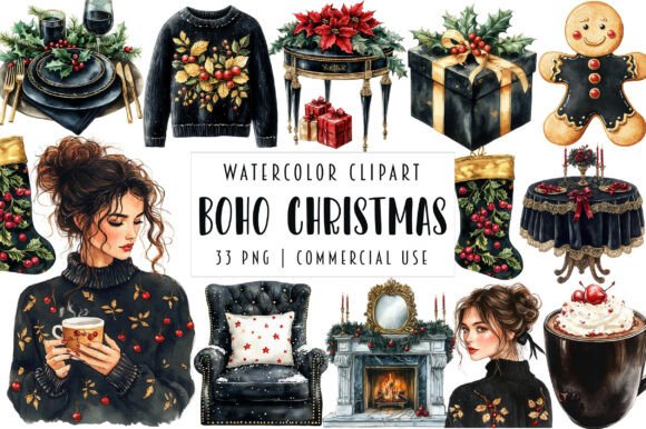 Watercolor Boho Christmas Clipart: Illustrations for Crafters