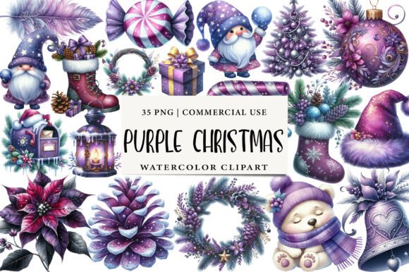 Watercolor Purple Christmas Clipart: Illustrations for Sellers