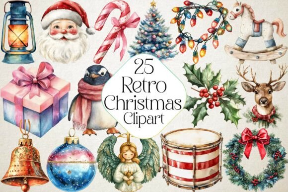 Watercolor Retro Christmas Clipart: Freebies for Bloggers