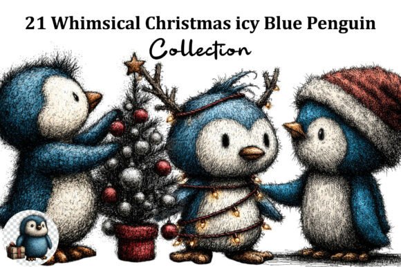 Whimsical Christmas Icy Blue Penguin Freebies