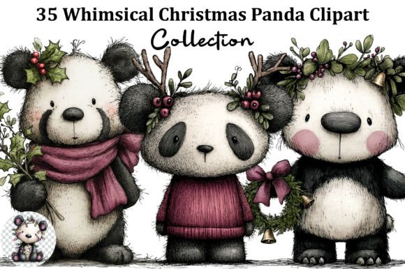 Whimsical Christmas Panda Clipart & Illustrations