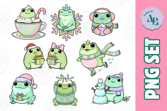 Winter Christmas Frogs Snow PNG Set: Festive Illustrations